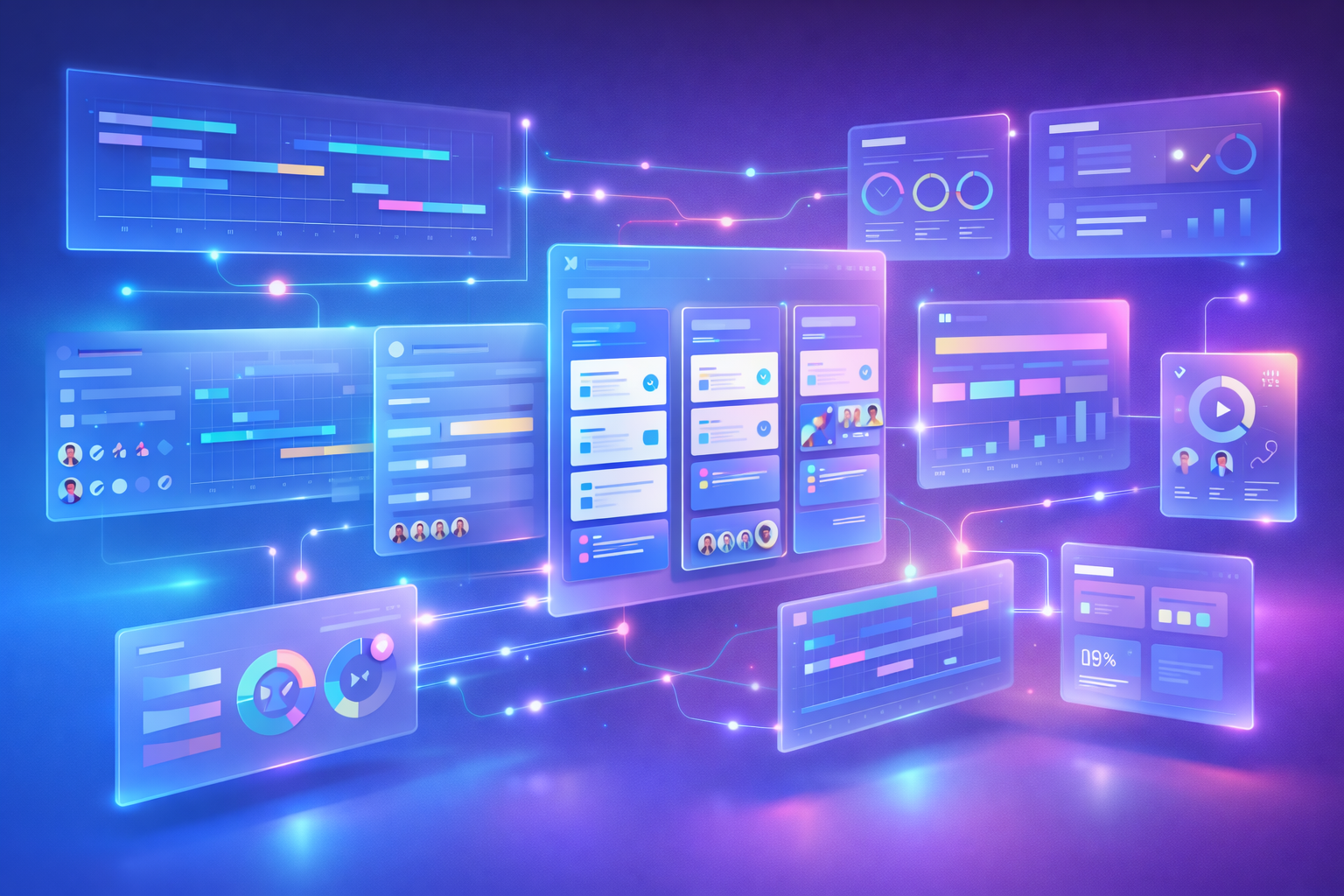 Project management software dashboard and task workflow illustration